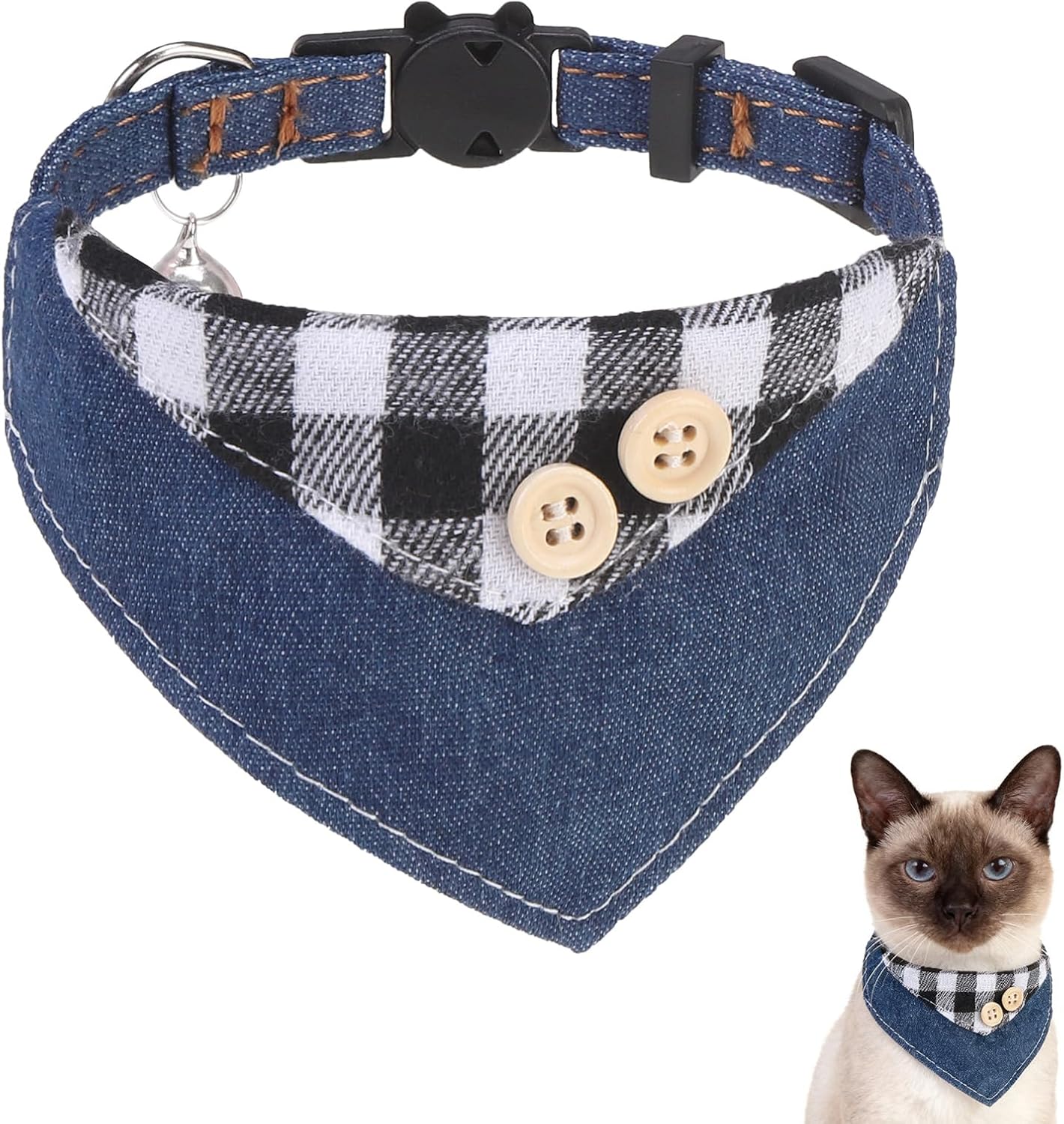 SCENEREAL Breakaway Cat Collar with Bell & Bandana, Cute Kitten Collar Suitable for Large Big Cats, Black Plaid