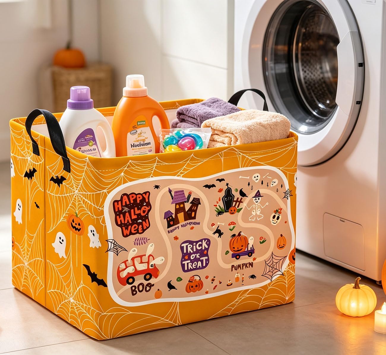 Rectangle Storage Basket,Gift Basket,Room Decor(White Web Halloween) image 3