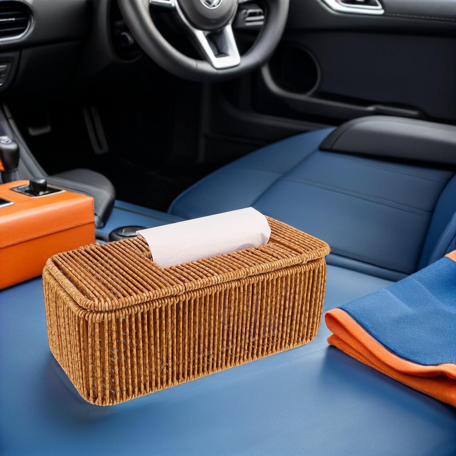 Woven Rectangular Tissue Box Cover 25x12.5x10cm Handmade Imitation Rattan Paper Napkin Holder Decorative Bathroom and Car Storage Organizer