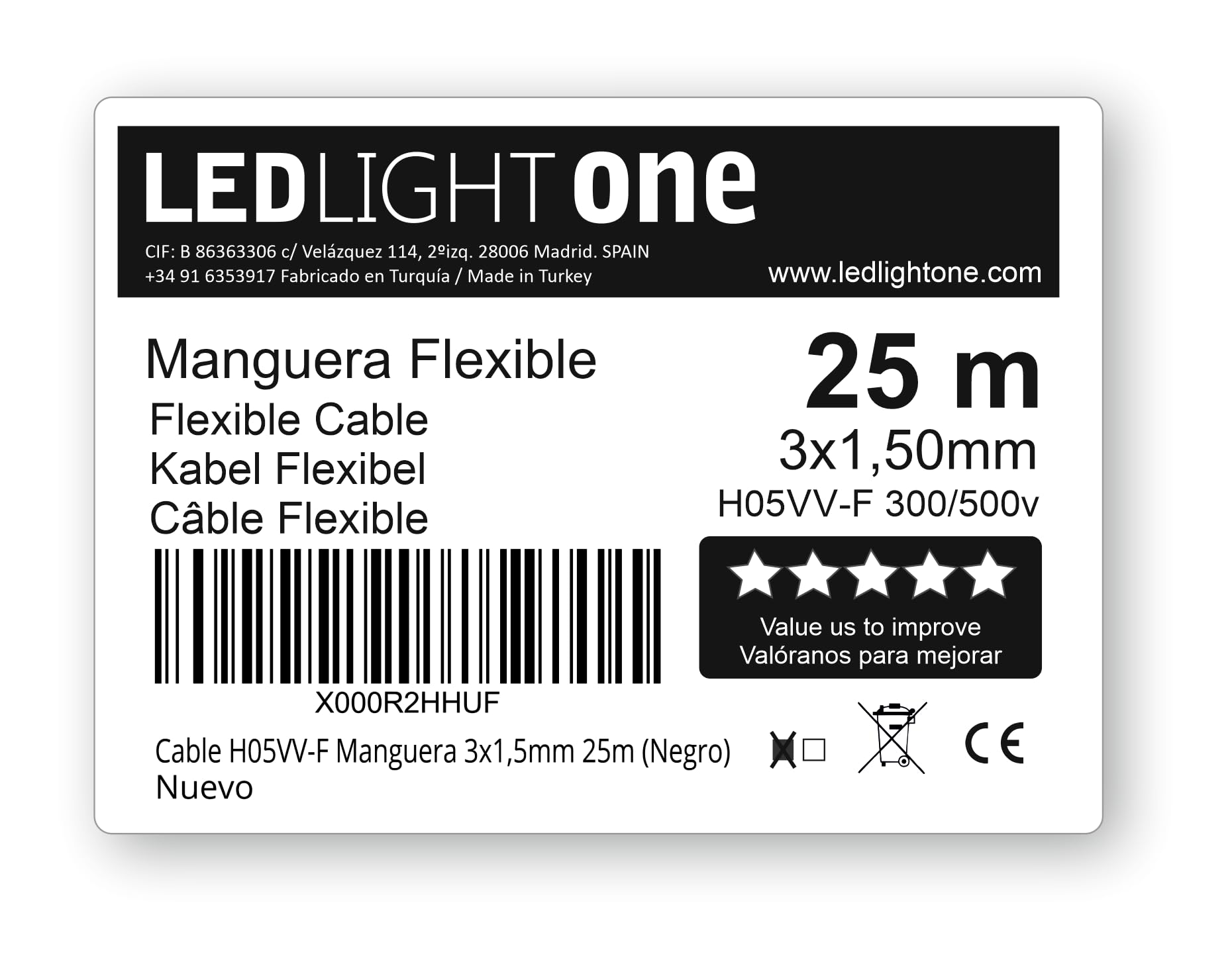 Cavo H05VV-F 3 x 1,5 mm 25 m (nero) Tensione di esercizio: 500v Temperatura massima di esercizio 70º. Cavi per installazioni fisse e mobili in ambienti domestici e uffici.