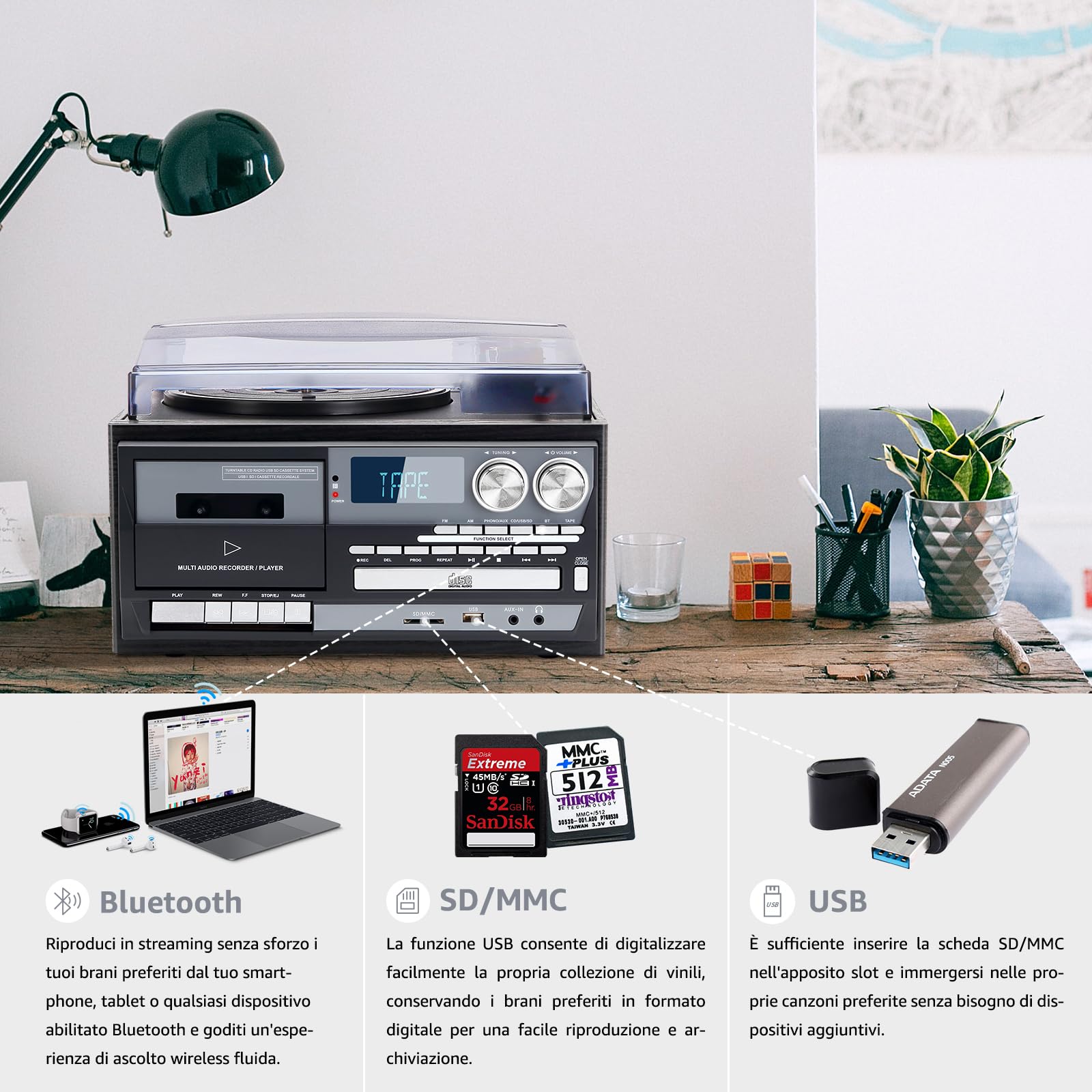 Giradischi Vintage 9 in 1 con Bluetooth, 3 Velocità, Lettore CD e Cassette, Radio AM/FM