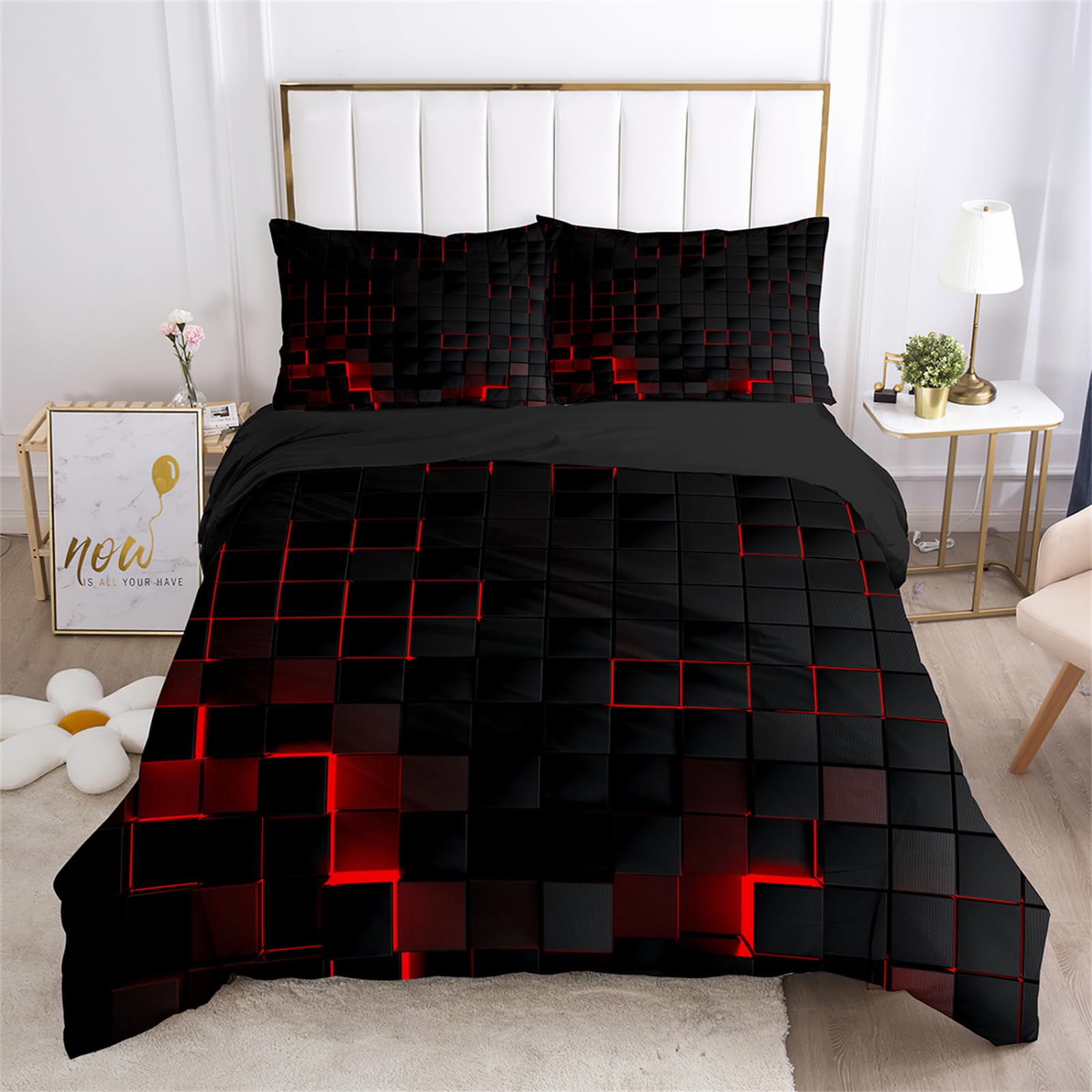 Dwetcxo Single Duvet Cover Set Red Black Geometry Single Bed Duvet Cover Set Soft Microfiber Breathable Bedding Durable Single Bedding Sets with Zipper Closure+2 Pillowcases 50x75cm 140x200cm