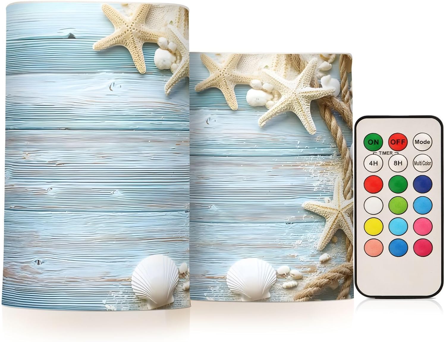 ALAZA Starfish Wooden Seashell Flickering Flameless Candles Pillar Led Candles Battery Operated Candles with Remote and Timers Set of 2