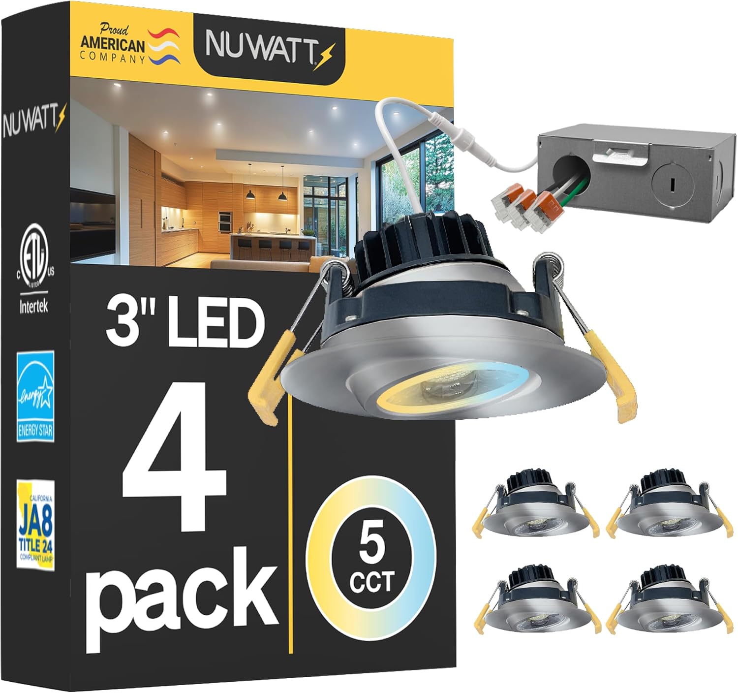 NUWATT 3 Inch LED Gimbal Recessed Downlight, 4 Pack, Canless All-in-1 LED Light with 5 CCT Color Switch 2700K - 5000K, 8W, 600 Lumens, 120V, Dimmable, Brushed Nickel