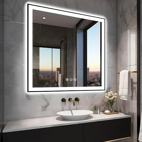 EchosLife 36x36 Square LED Bathroom Mirror - Black Aluminum Framed