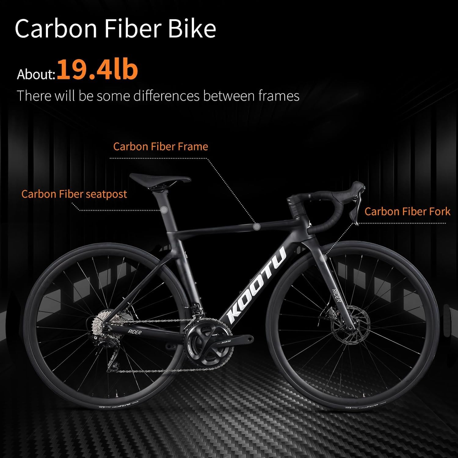 KOOTU Carbon Rennrad, T800 Lightweight Carbon Fiber Frame Rennrad mit 105 R7000 22 Speed Groupset und Wire-Pull Disc Brake für Mann und Frau
