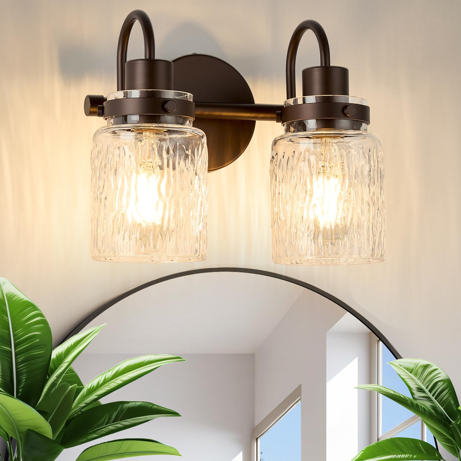 2 Lights Hammered Glass Bathroom Vanity Light, Oil Rubbed Bronze