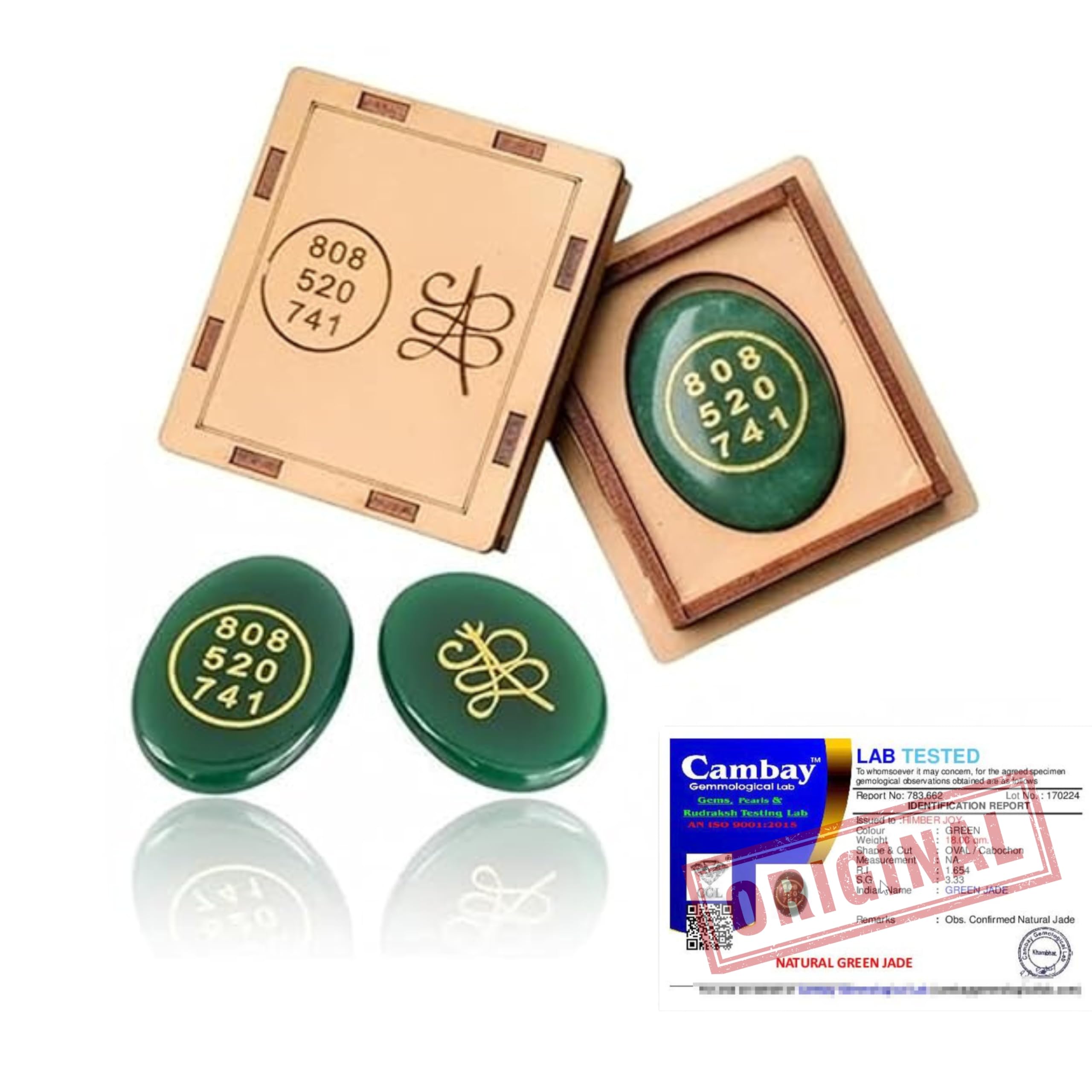 HimberJoy Natural Green Jade Zibu Coins with Golden Sacred Engravings, Oval Palm Stone Shape, Lab Certified Healing Crystal for Wealth and Prosperity, Wooden Box Set