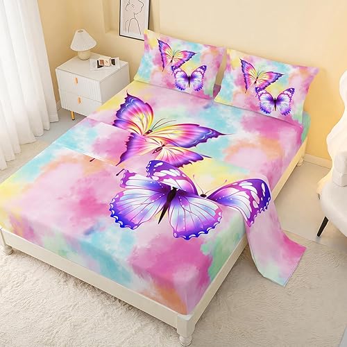 CVHOUSE Juego de ropa de cama de mariposa tamaño matrimonial, juego de sábanas de 4 piezas con 1 sábana encimera, 1 sábana bajera y 2 fundas de