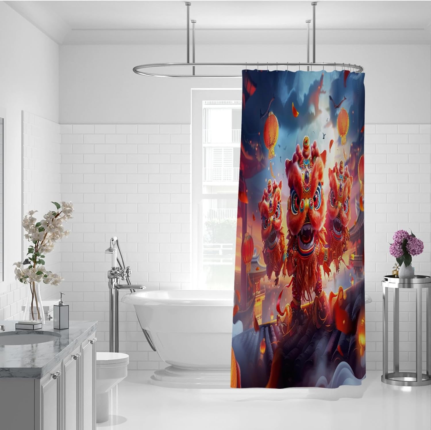 Lion Dance Shower Curtain Liner with Hooks Cartoon Chinese New Year Design Machine Washable Bathroom Curtain for Boys Bathroom Decor 72x72