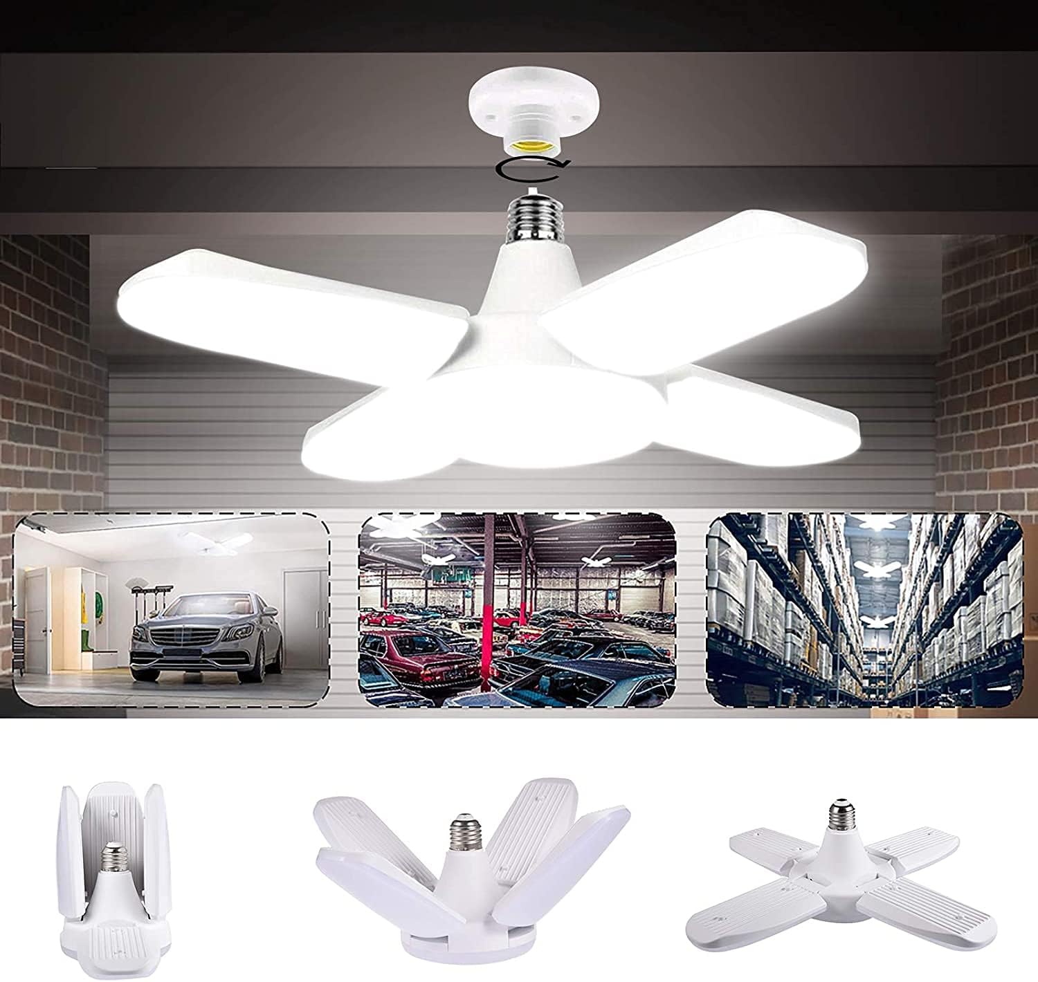 LED Garage Lights,LACYIE 80W 8000LM E27/E26 Deformable Garage Strip Lighting Ceiling with 4 Adjustable Panels LED Shop Lamp for Garage, Warehouse, Workshop, Basement, Gym, (6500K Cold White) [Energy Class A+++]