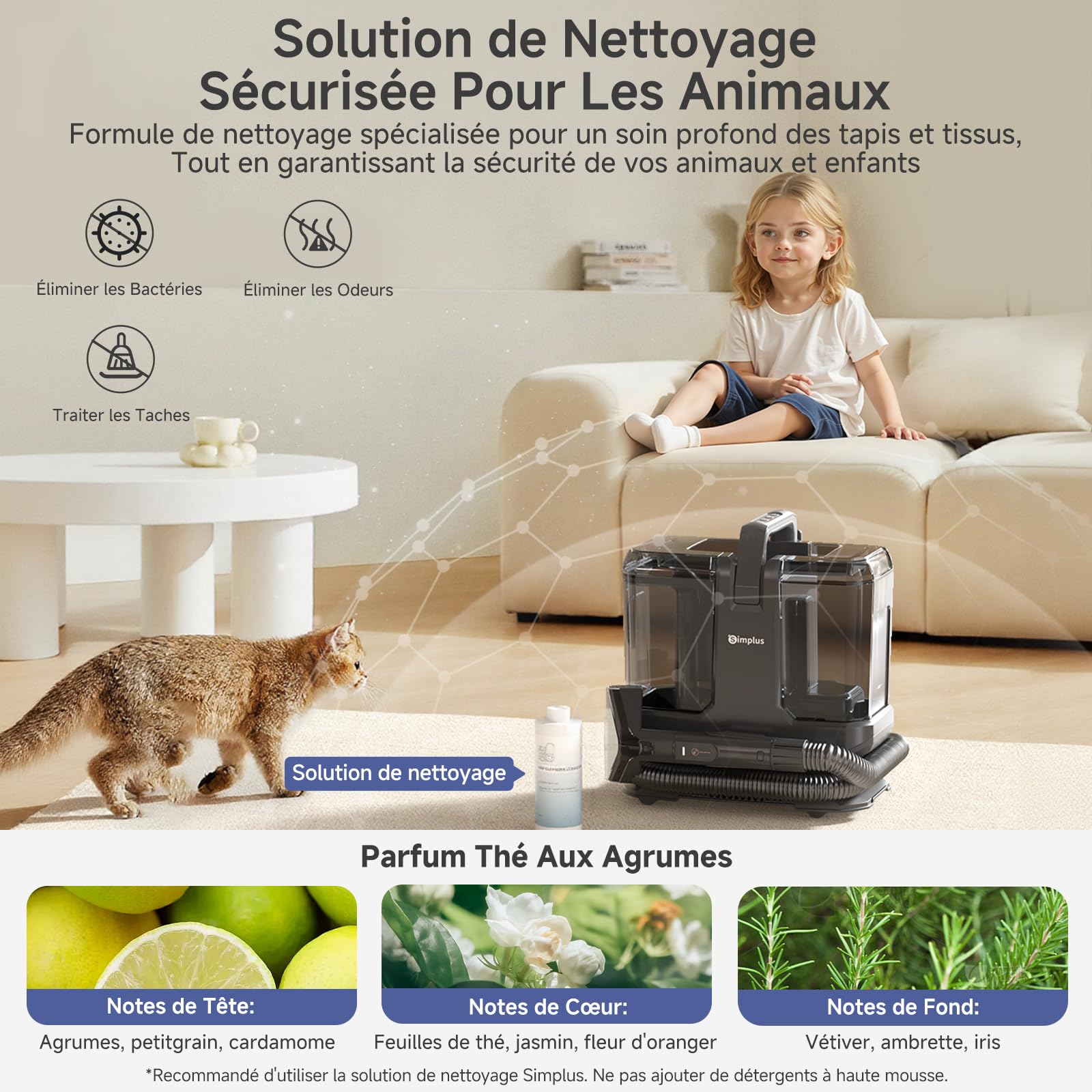 SIMPLUS Nettoyeur Vapeur Tissu Canapé Portable avec Fonction Eau Chaude 110℃, Shampouineuse Extracteur 22000Pa, Double Réservoir, 9 Brosses pour Tapis Moquette Voiture Matelas Animaux