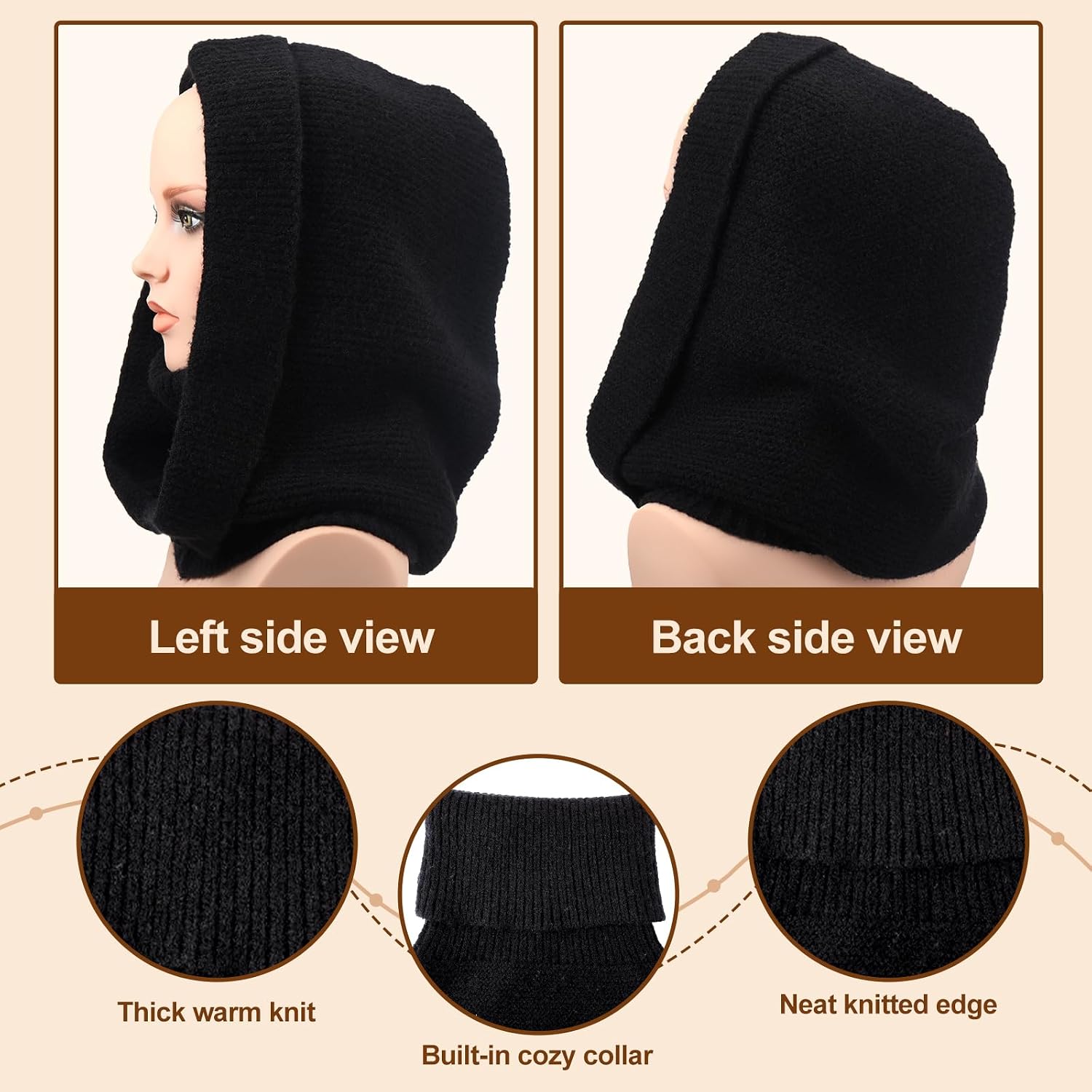 Berlune Knit Hooded Scarf for Women Balaclava Hood with Neck Gaiter Knit Beanie Warm Winter Hat for Women Men Outdoor Sports