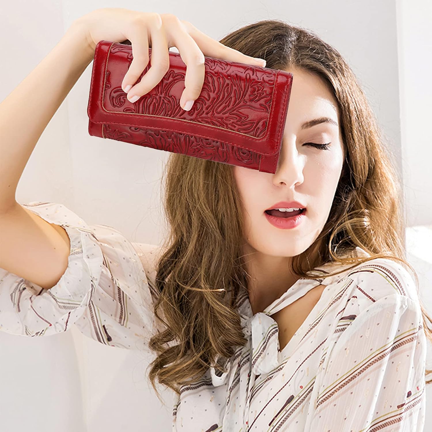 MEITRUE Women's Wallet Leather RFID Blocking Trifold Ladies Purse Embossed long Clutch Card Holder Phone Checkbook Organizer - Image 2