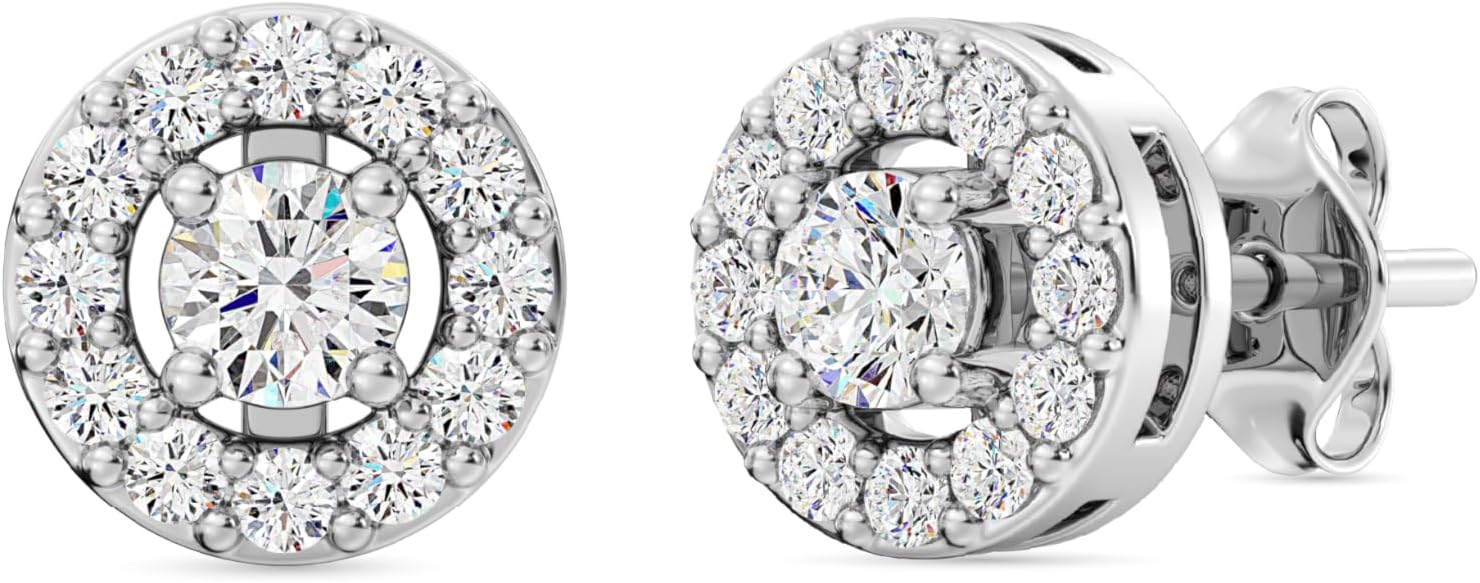 Gilded Lab-Grown Diamond Sterling Silver and 14KT Yellow Gold Plated Silver Stud Earrings for Women | Round Halo Shaped Studs | Hypoallergenic Fine Jewelry | Prong Setting, Push Back Nut | SI1 Clarity, F Color 1/4, 1/2, 3/4, 1 Carat Total Weight
