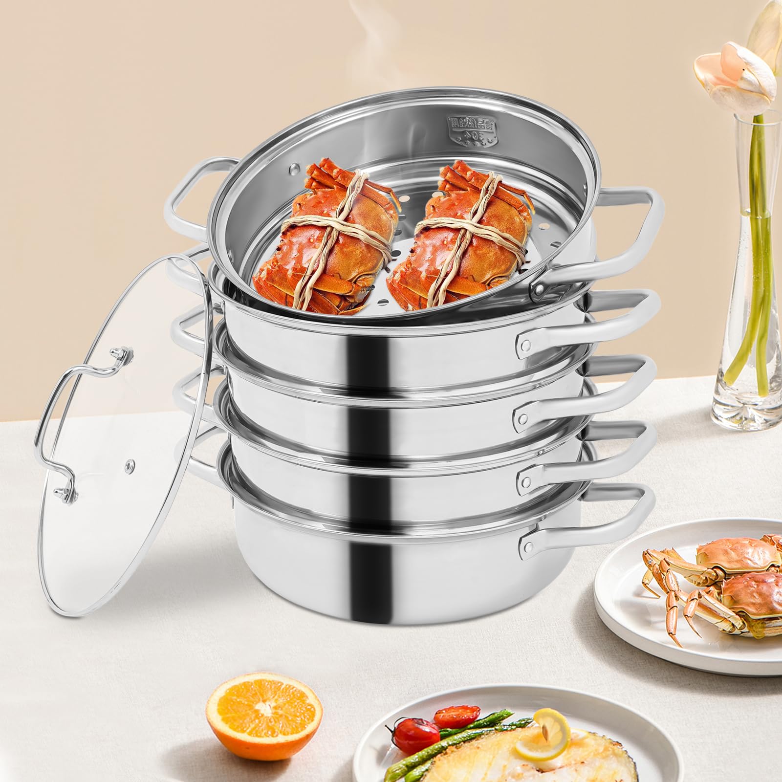 Fornello a vapore a 5 ripiani, pentola a vapore in acciaio inox con coperchio in vetro, pentola a pressione, per fornelli a gas, a induzione, fornelli elettrici (argento 28 cm)