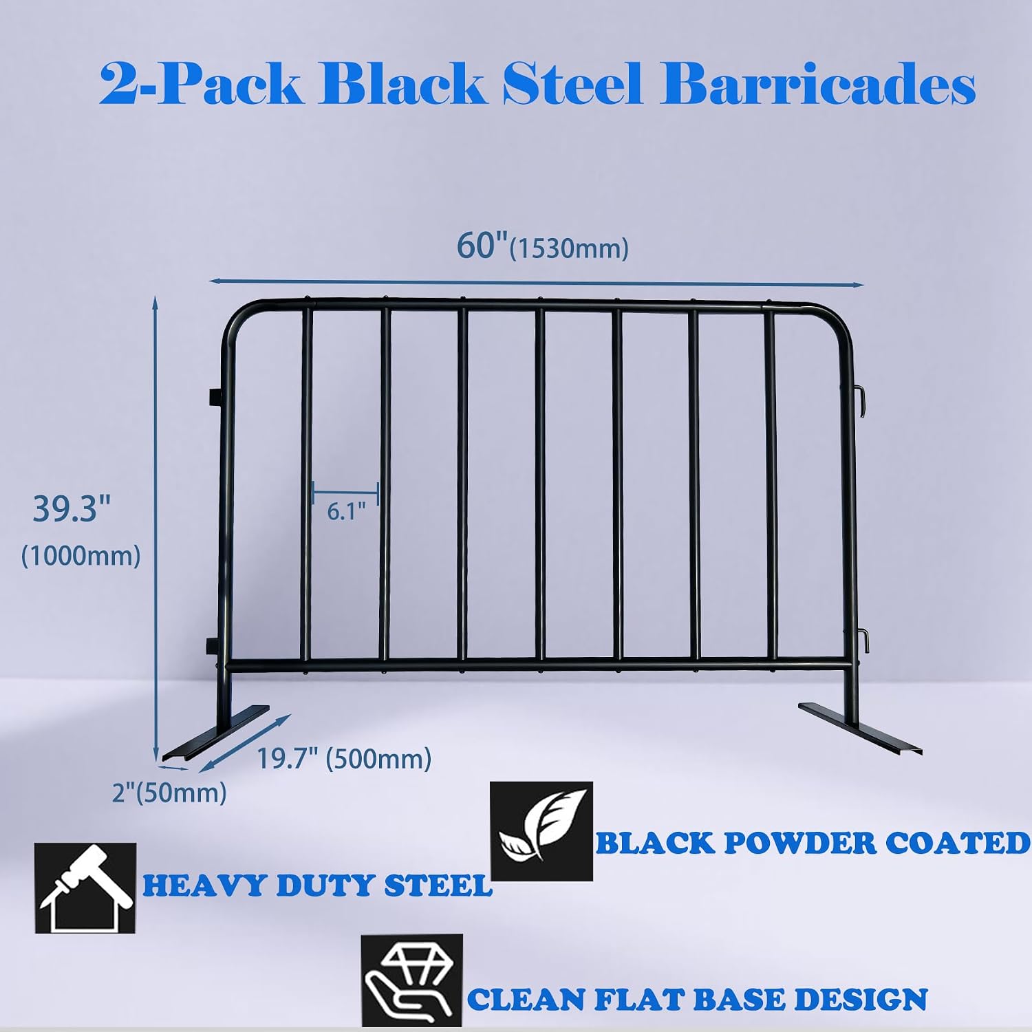 2-Pack Steel Crowd Control Barrier, Light Duty 5FT Interlocking Safety Barricade, 16GA Galvanized Steel Queue Barrier, Assembly Needed for Pedestrian Traffic & Construction Barricade（Black）
