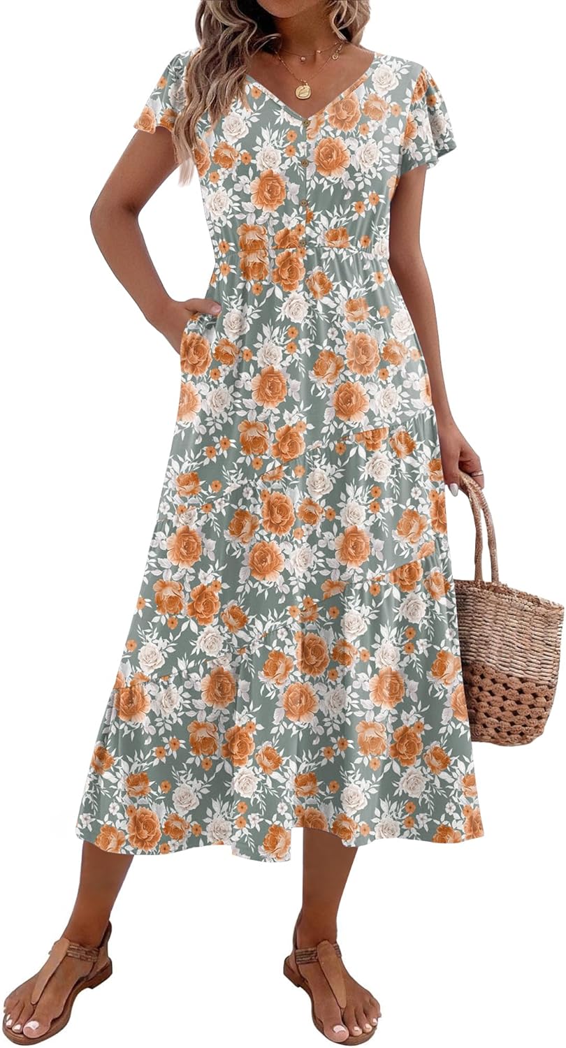 Zeagoo Women's Summer Casual Dress Flutter Short Sleeve V Neck Button Down Tiered Flowy Long Dress with Pockets