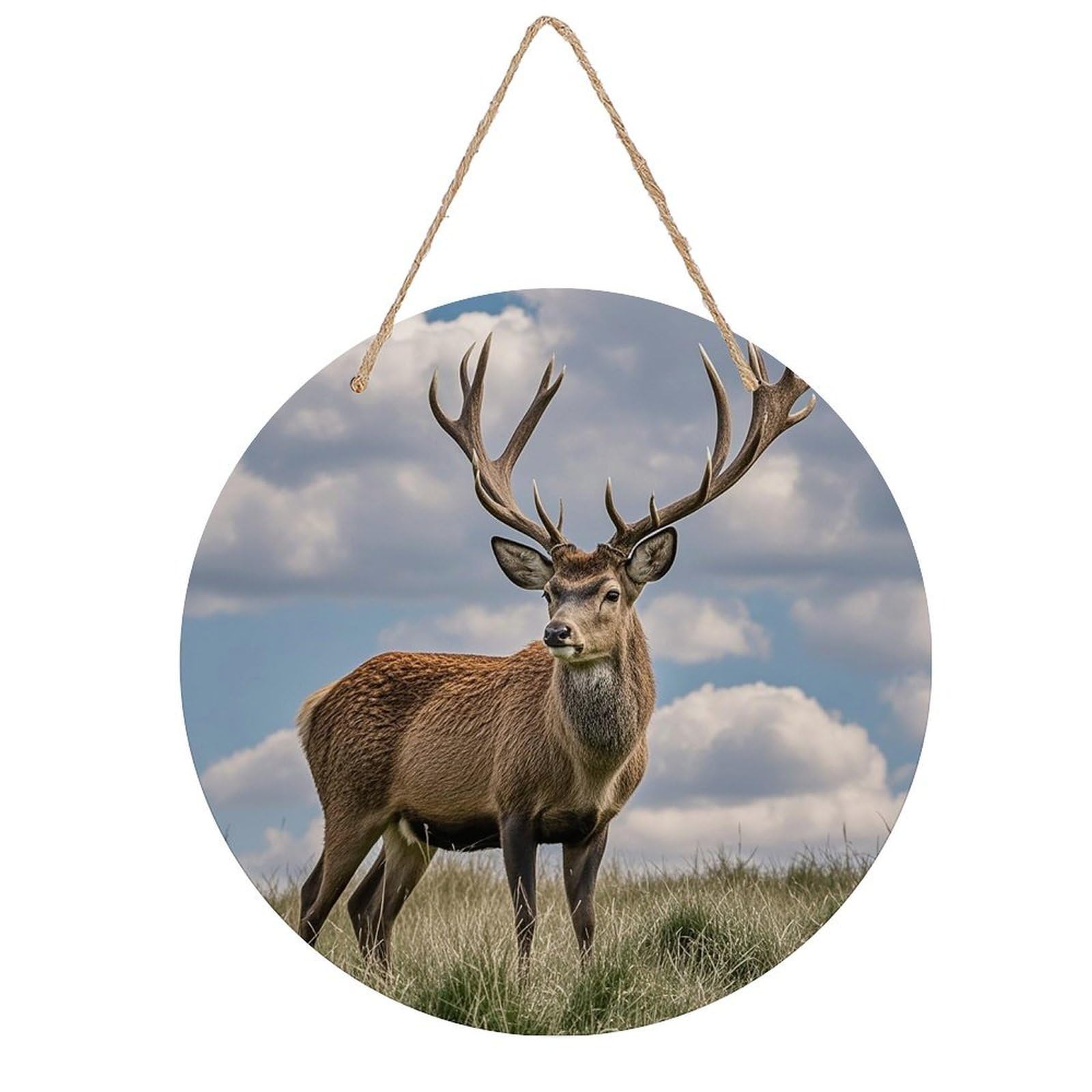 FekiLoot Round Elk Wall Art Decor Painting Wooden Hanging Sign with Ropes Bohemian Wall Hanging Retro Mid Century Modern Wall Art for Home Bedroom Living Room 7.9x7.9 in