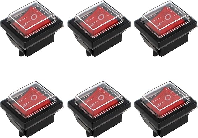 Huayue 6 PCS ON-OFF Boat Rocker Switch, SPDT 4 Pin Red Light Illuminated Car Auto Boat Rocker Toggle Switch with Waterproof Cover for Electrical Products, AC 250V 16A 125V 20A