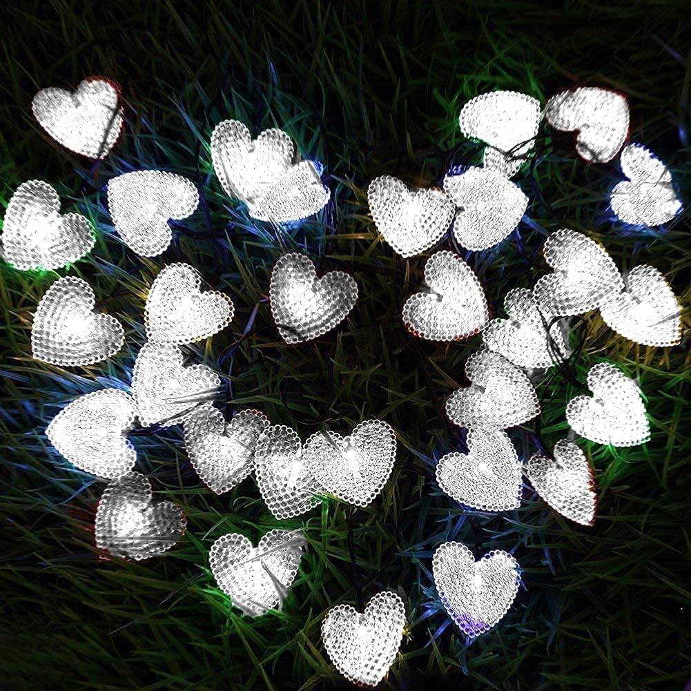 Solar Powered String Lights, 20ft 30 LED Solar Heart-Shaped String Lights Waterproof Ambiance Lighting for Indoor Outdoor Patio Garden Home Christmas Wedding Party Decoration (White)