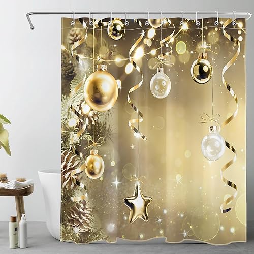 HVEST Cortina de ducha con ganchos, bolas de Navidad doradas y ramas de abeto para baño, juego de cortinas de baño de vacaciones de invierno, 72