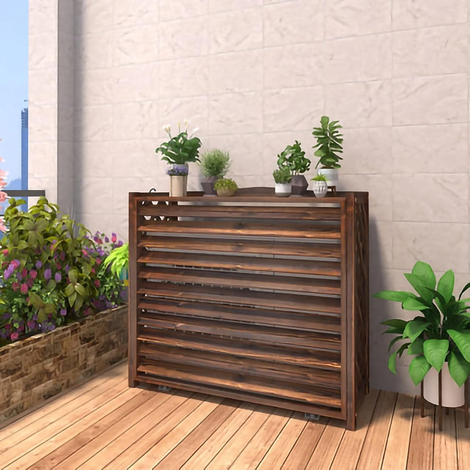 Air Conditioner Cover,Wooden air Conditioner Cover Rustic Air Conditioner Cover Wooden Plant Stand, Outdoor Air Conditioning Rack Frame Radiator Cover, with Blinds Grid Design