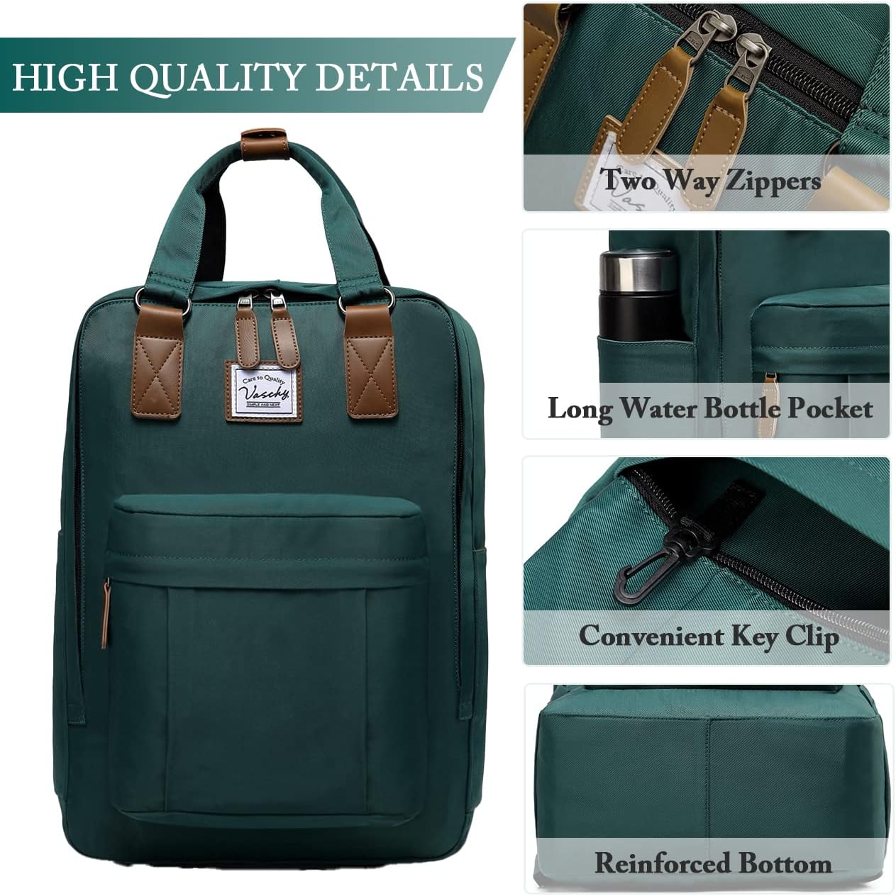 VASCHY School Backpack for Women Men, Travel Backpack Water Resistant College High School Computer Bag Student Bookbag,Green - Image 4