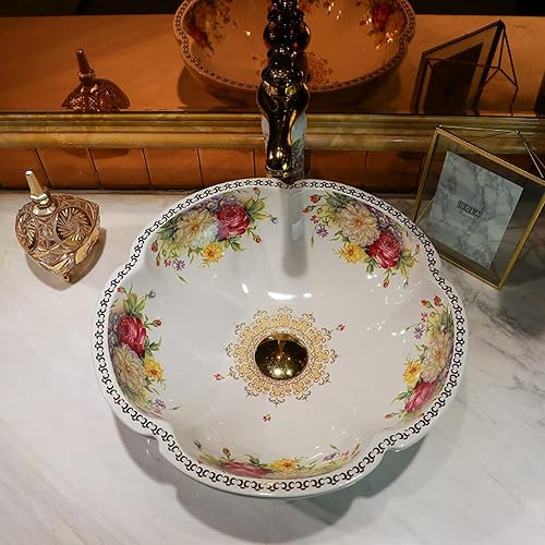 Miniatura 4 de Fregadero de cerámica para baño, forma de flor, diseño de peonía, porcelana, sobre encimera, fregadero para bar y guardarropa, cuenco chino de
