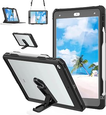 Waterproof Case Compatible with iPad 10.2 Inch 9th/8th/7th Generation2021/2020/2019, Built-in Screen Protector with Stand Pen Slot Shoulder Strap Shockproof Protective Case Black