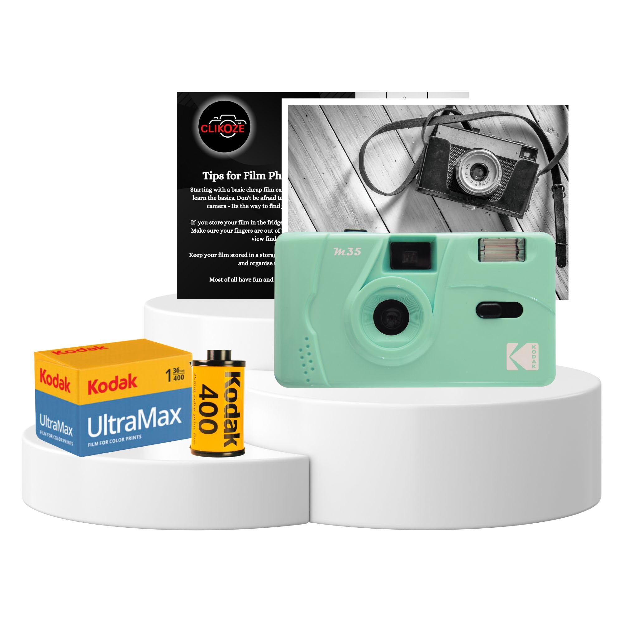 Il pacchetto di fotocamere a pellicola riutilizzabile include fotocamera Kodak M35 da 35 mm, pellicola Kodak da 35 mm, 36 esposizioni e scheda Clikoze Tips (menta)