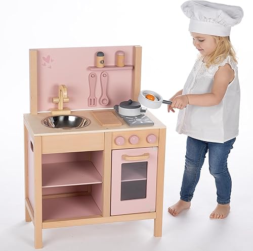 Miniatura 7 de Juego de cocina de madera - Rosa - Juguete de electrodomésticos de pie, accesorios de cocina y alimentos, fregadero de almacenamiento, estación de