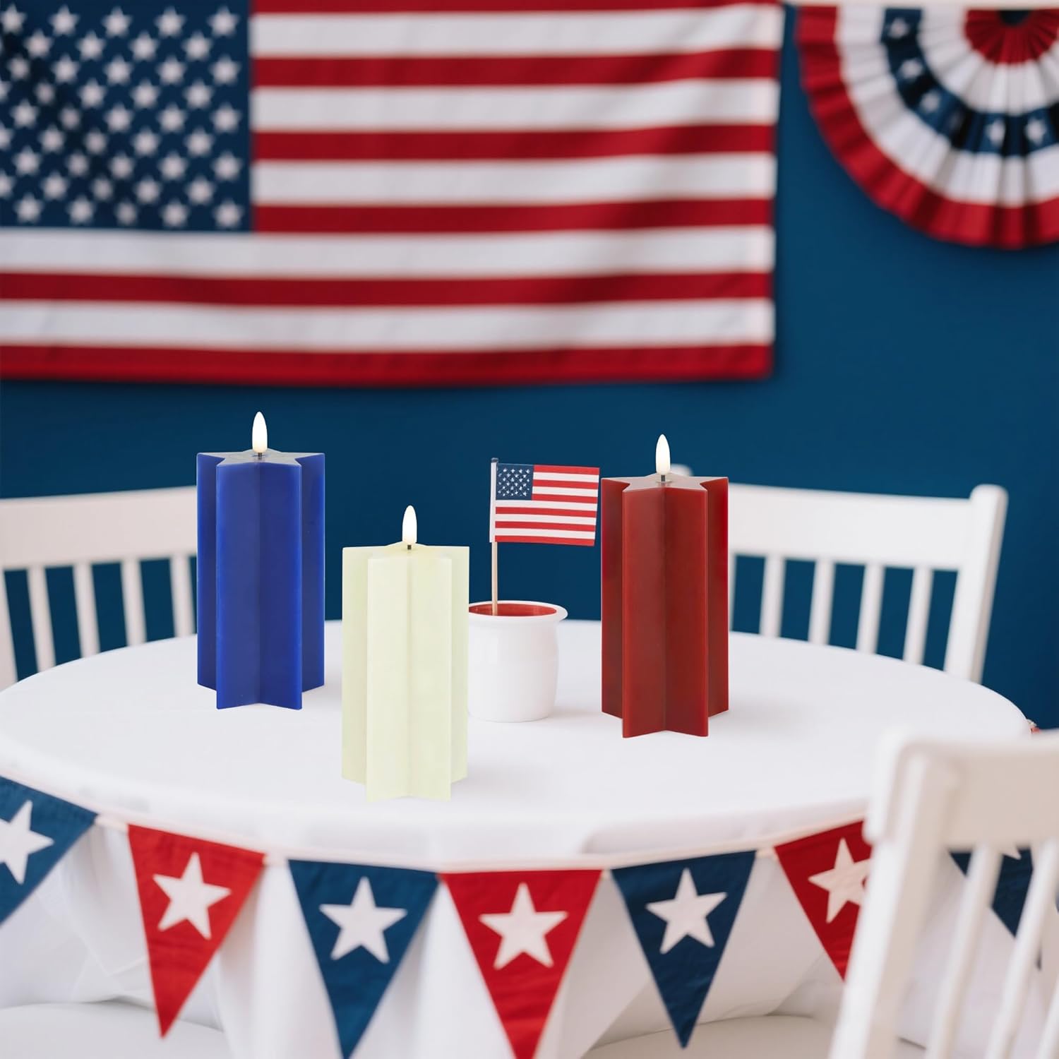 LUSHARBOR 4th of July Flameless Candles with Remote, Red White & Blue 3 Pack Patriotic Battery Operated Candles Star Shape, Real Wax LED Fake Candles for Home Party Holiday Decor