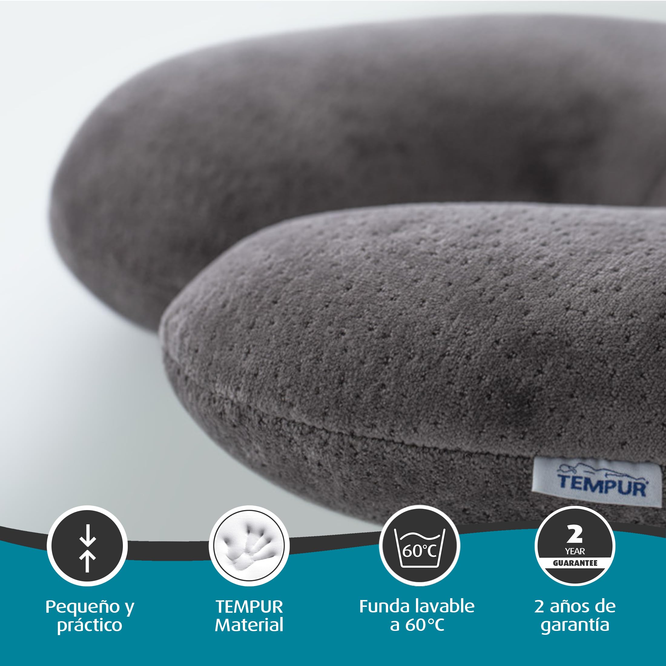 TEMPUR Almohada de Viaje Transit, 30 x 28 x 8 cm, Antracita | Cómoda almohada cervical de material viscoelástico TEMPUR, ideal para viajar en autobús, tren, coche o avión.