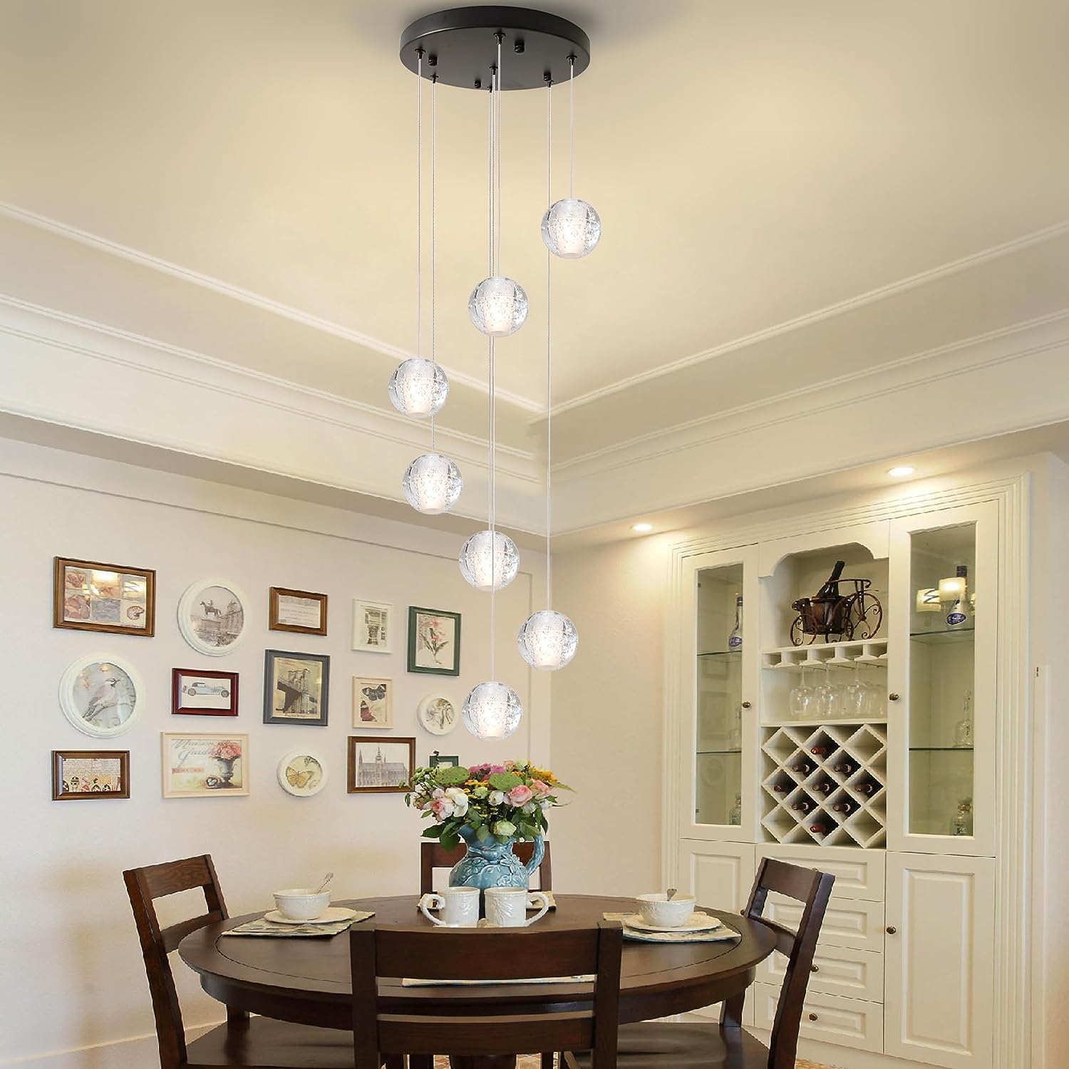 Upfelw Modern Crystal Foyer Chandelier 7-Lights Raindrop Pendant Light Fixture, Bubble LED Flush Mount Staircase Living Room Light Fixture Black