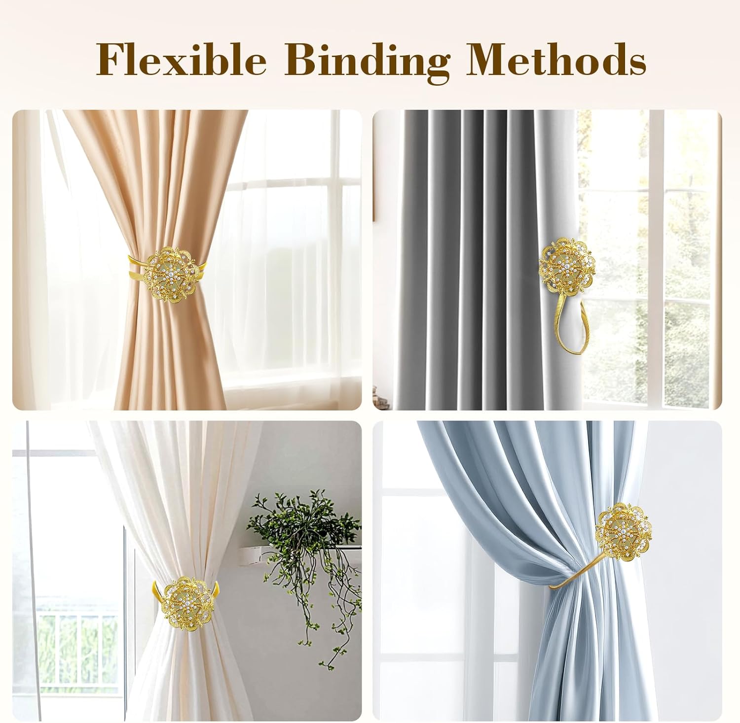 4 Pack Magnetic Curtain Tie Backs, Gold Crystal Flower Holdbacks with No-Drill Magnetic Clasps and High-Elastic Spring Wire for Living Room Bedroom Window Decor