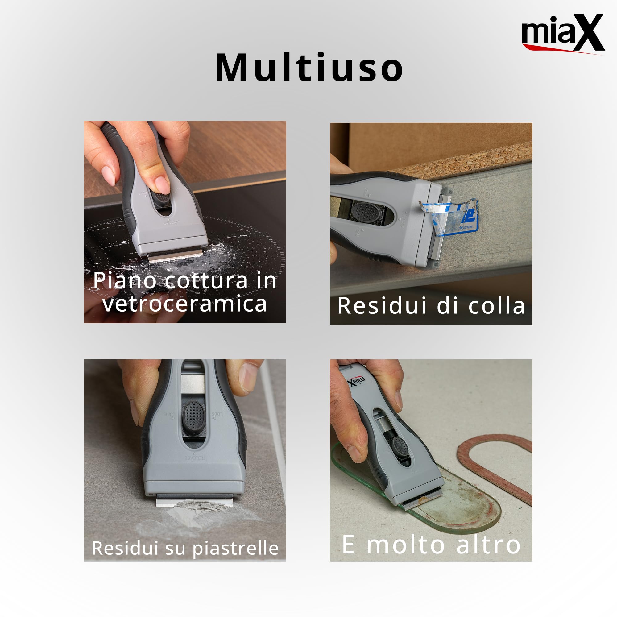 miaX Premium Spatola Multiuso 2.0 – Raschietto rimuovi silicone, con 8 lame di ricambio integrate – per piano induzione, vetro, adesivi, vernici