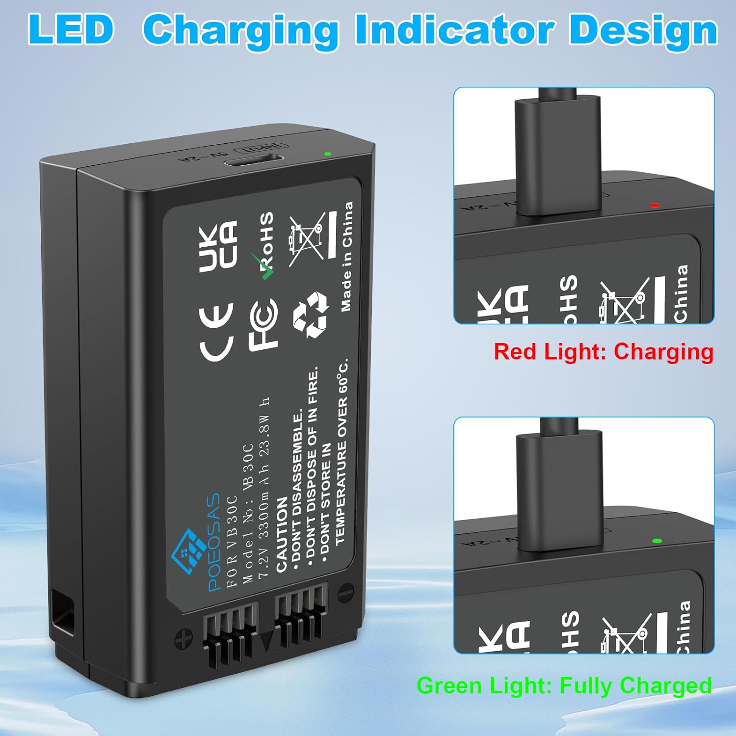 V1 Rechargeable Battery, Upgrade 3300mAh USB-C VB30/VB26 Battery Compatible with V1 V1-S V1-N V1-C V1-F V1-O Round Head Flash V860 III V860III-C V860III-F AD100 PRO Camera Flash Speedlite