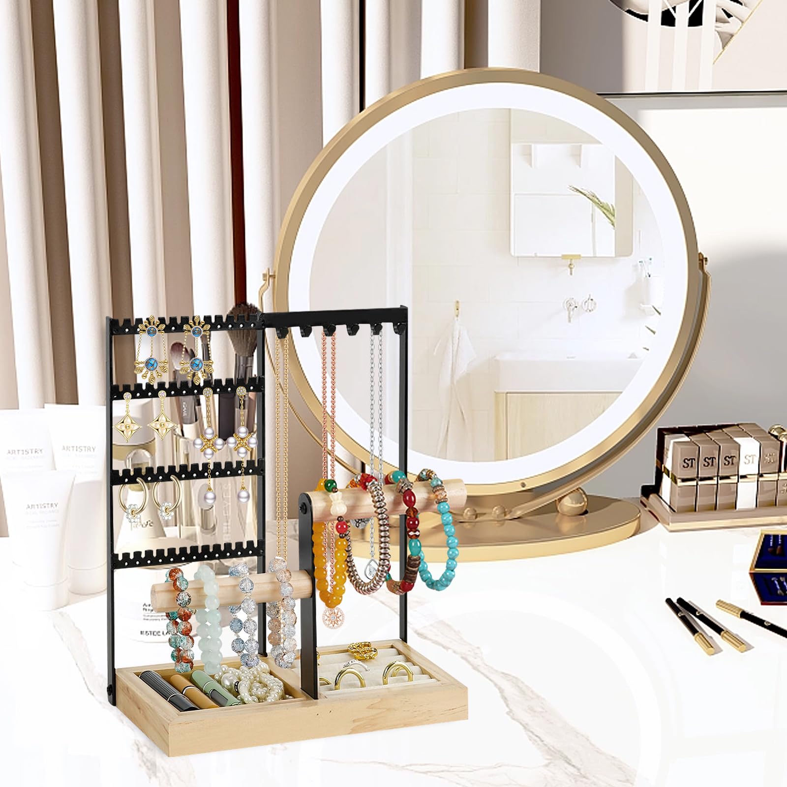 Porte Bijoux Présentoir à Bijoux en Metal et Bois Durable,Porte-Bijoux avec Plateau et Crochets,porte collier,Rangement Bijoux pour Chaînes Boucles d'Oreilles Bagues Bracelets Montres