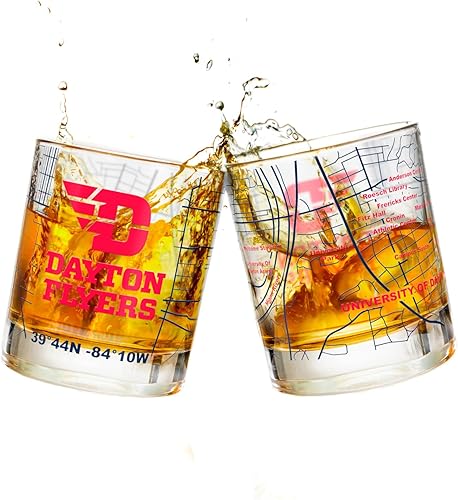 Greenline Goods University Of Dayton - Juego de vasos de whisky (2 vasos de bola baja), contiene logotipo de Dayton Flyers a todo color y mapa del