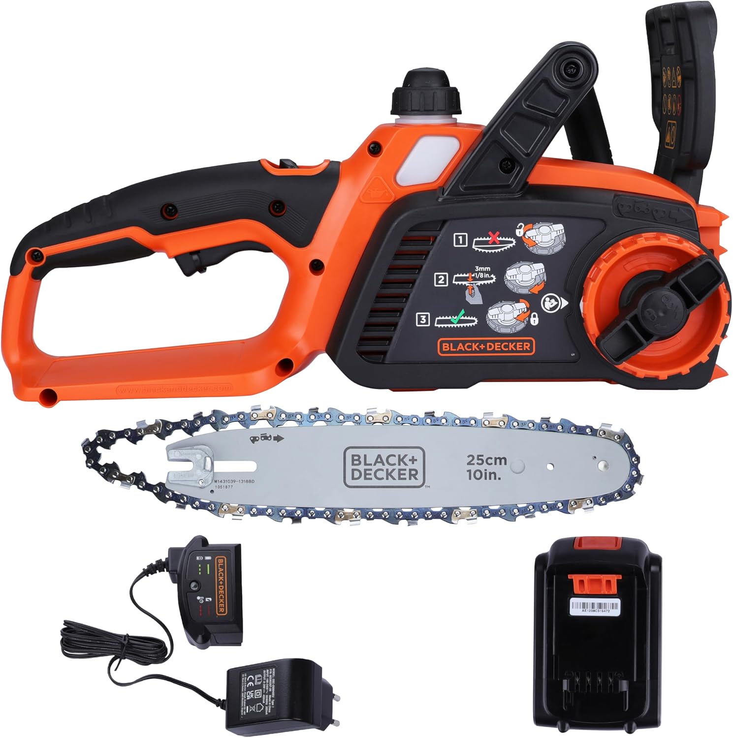 BLACK+DECKER Tronçonneuse Sans Fil 18 V 25 cm avec Batterie Li-Ion 2 Ah et Chargeur - Scie à Chaîne avec Lubrification Semi-Automatique - Tendeur de Chaine Sans Outil GKC1825L20-QW — vue 3