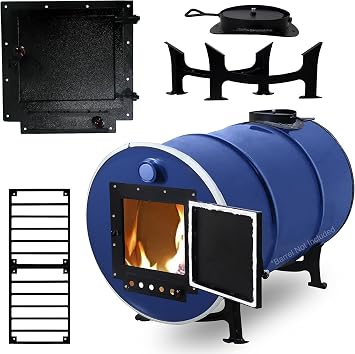 Barrel Stove Kit Perfect For 30 to 55 Gal Drum Wood Stove Kit - Heavy Duty Steel Barrel Camp Stove Kit w/Stove Door & Grate - DIY Oil Barrel Stove Kit Heat for Winters in Workshop, Cabin, Garage