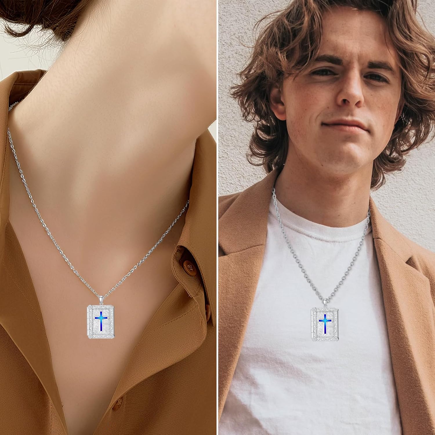 SOULMEET Personalized 10K 14K 18K Solid White Gold/Silver Rectangle Locket That Holds Picture Custom Large Crucifixion Cross Locket Necklace Gift for Men Women - Image 4