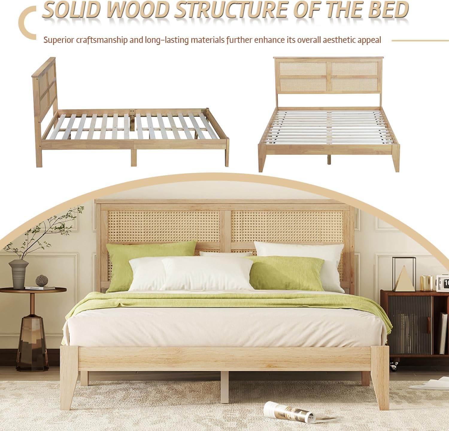 anwickjeff Boho Queen Size Bed Frame with Natural Rattan Headboard, Wooden Platform Bedframe, Under Bed Spacious Storage, No Box Spring Needed (Natural, Queen)