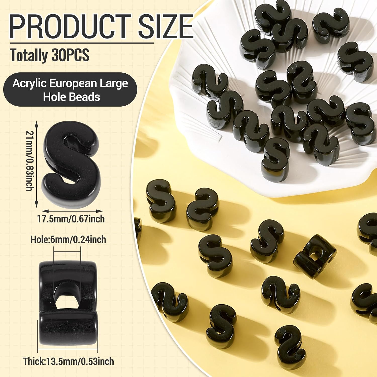 30 Pcs Black Large Letter Beads Acrylic Big Alphabet Beads 21mm Large Hole Acrylic Letter Slide Bead for Bracelets Jewelry Making Keychain Bag Charm Kit Phone Chain Decor