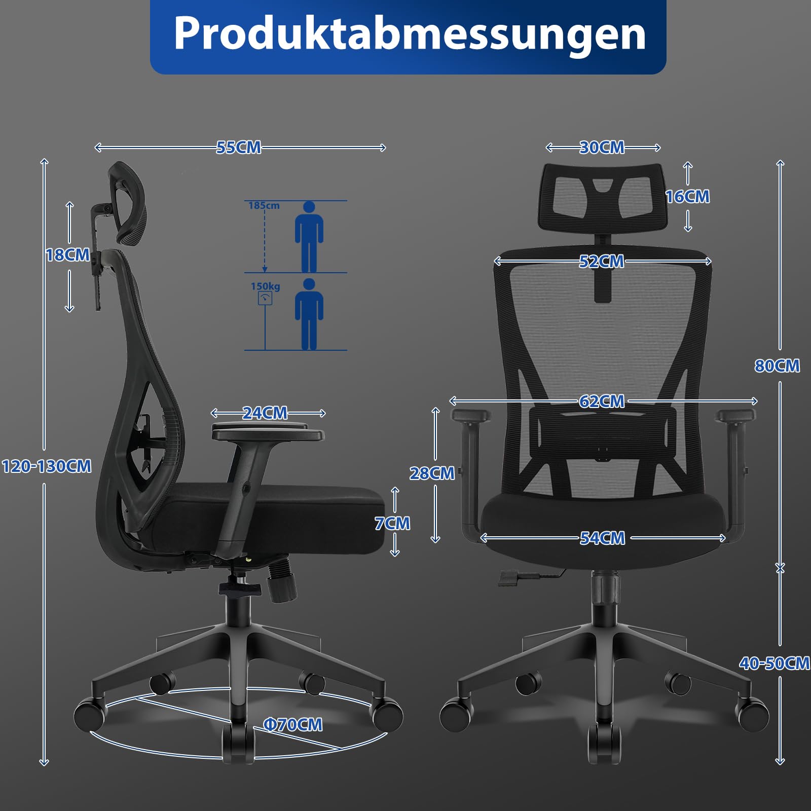 Bürostuhl ergonomisch, Schreibtischstuhl mit Kopfstütze, Lordosenstütze und höhenverstellbaren Armlehnen, Drehstuhl mit 90°-130° Wippfunktion, Netzstuhl bis 150 kg für Homeoffice