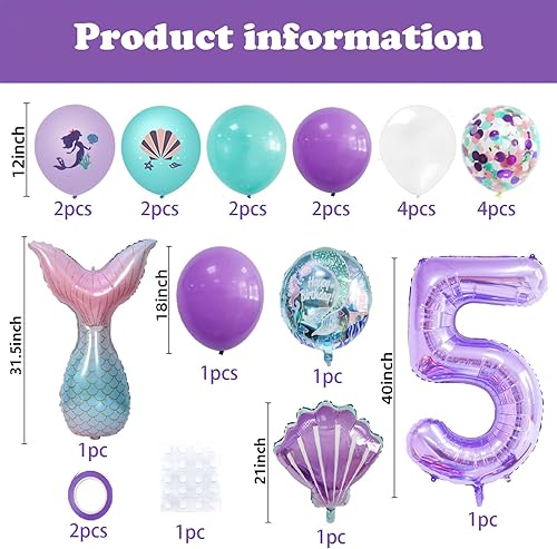 Miniatura 5 de Globo de 40 pulgadas morado número 5, globo gigante número 5, globos de sirena para cumpleaños de 5 años, suministros de decoración para fiesta de