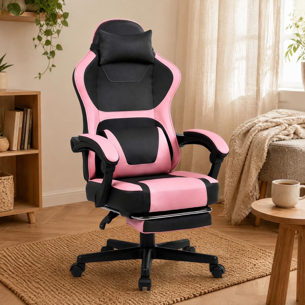 I0I&I0I Ergonomischer Gaming Stuhl Mit Fußstütze Und Lendenkissen Für Home Office Komfortable Rückenstütze (Baby Pink + PVC)