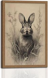 Framed Easter Bunny Wall Art, Farmhouse Vintage Animal Canvas Painting with Solid Wood Frame Antique Neutral Rabbit Wall Decor Picture Print for Living Room Bedroom Nursery 12x16 Inches