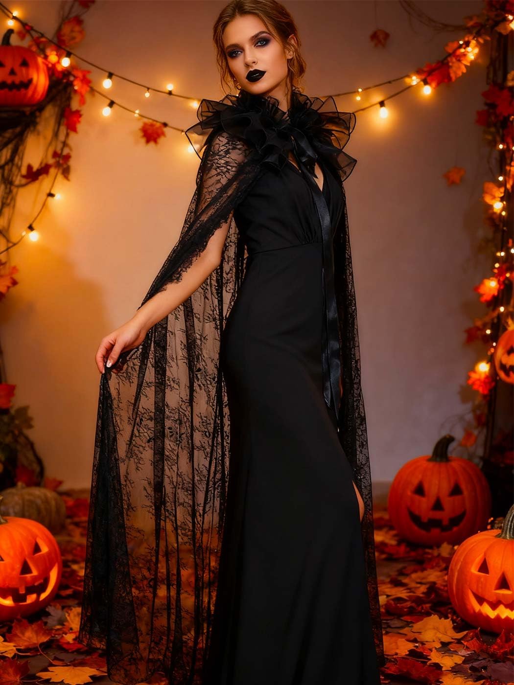 EASEDAILY Black Lace Cape Gothic Cloak Witch Halloween Costume Cosplay Capelet Long Robe for Women and Girls - Image 4